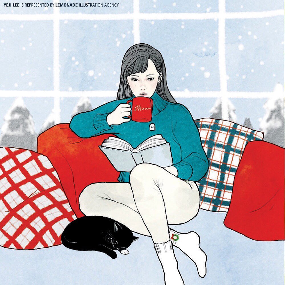 Illustration of a woman seated on a couch, reading a book and holding a mug, with a cat sleeping nearby and a winter scene outside the window.