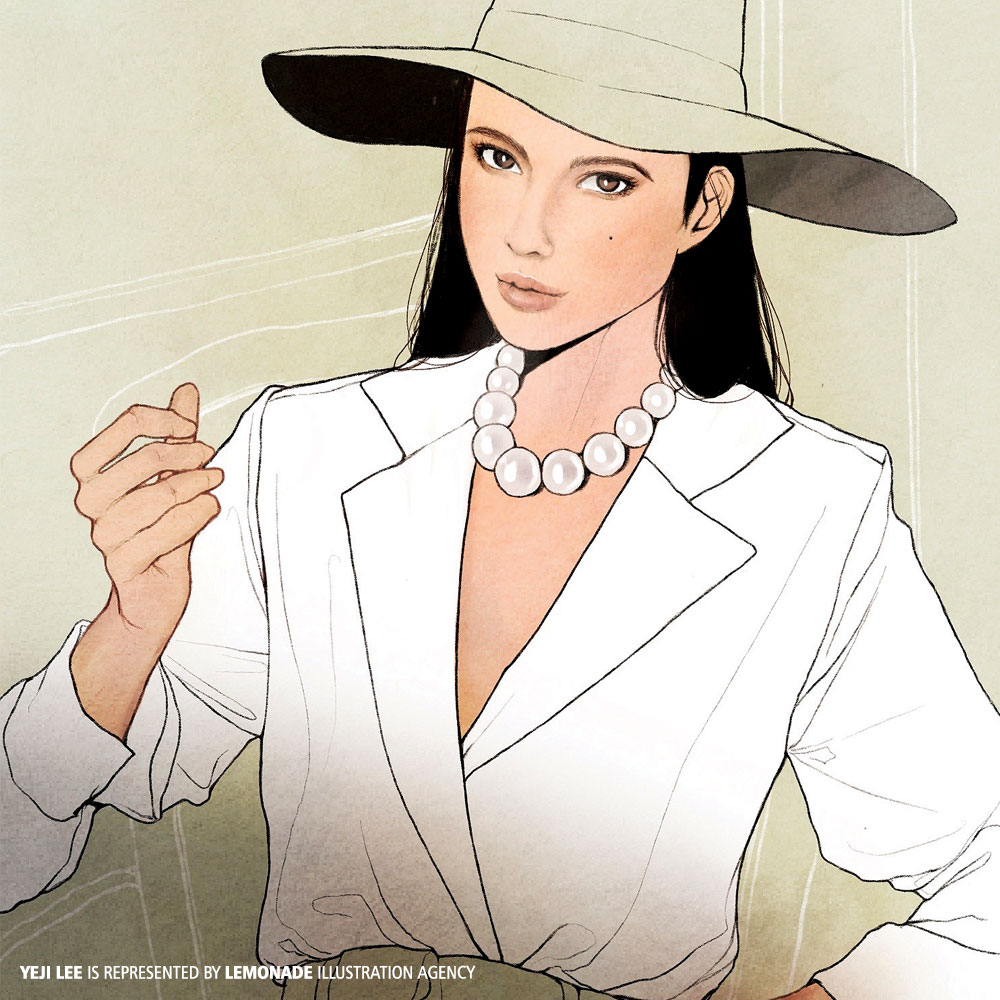 Illustration of a woman wearing a white suit, pearl necklace, and sun hat, set against a light green backdrop with line details.