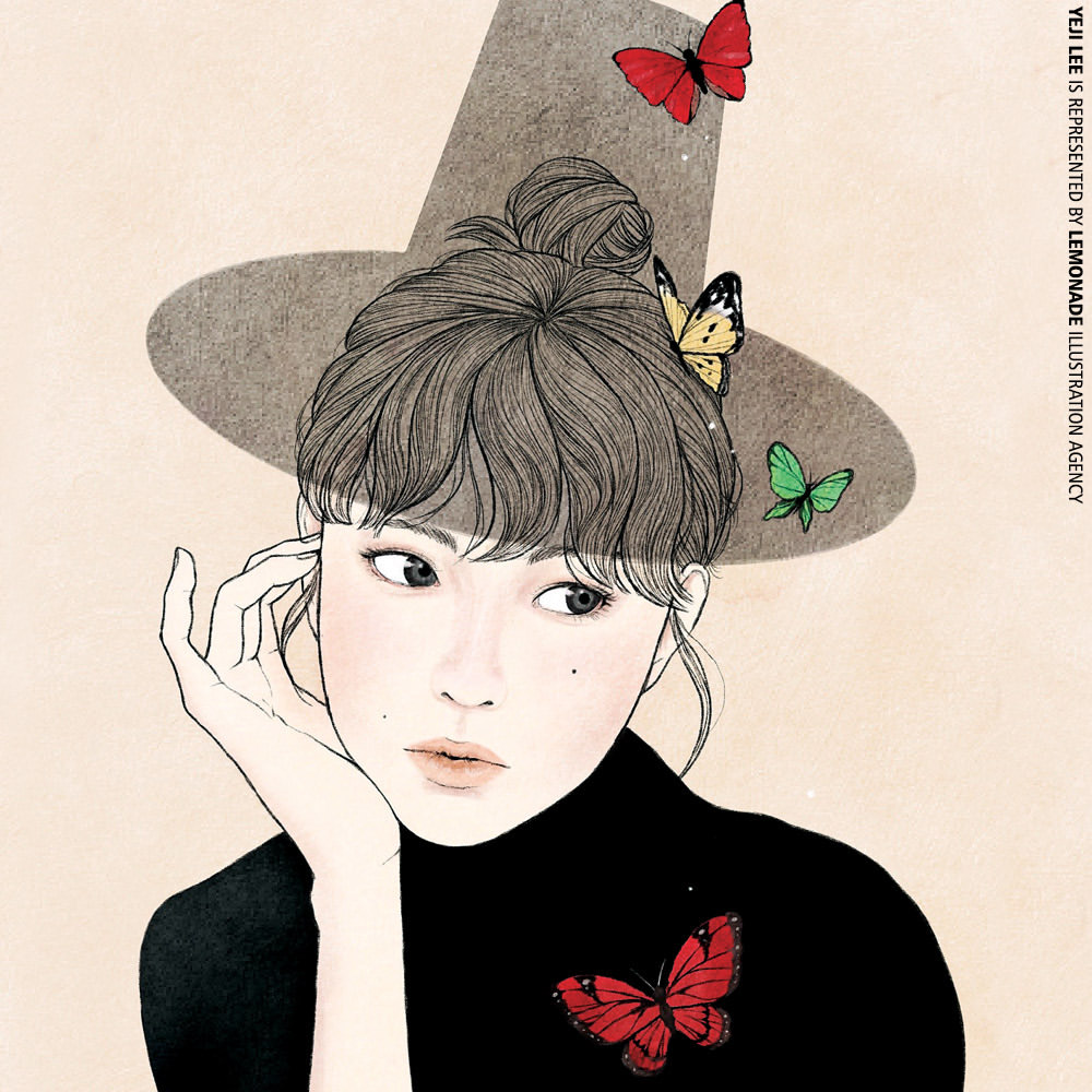 Illustration of a young woman with a top knot hairstyle, wearing a black turtleneck, adorned with butterflies, and a large brim hat.