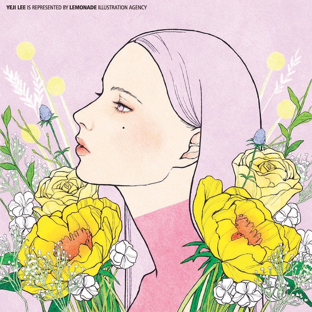 Illustration of a fair-skinned woman in profile with yellow flowers and greenery, against a light purple background, from the waist up.