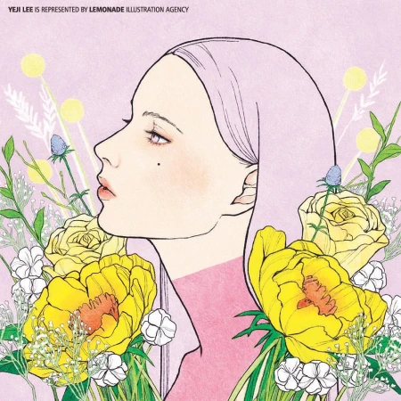 Illustration of a fair-skinned woman in profile with yellow flowers and greenery, against a light purple background, from the waist up.