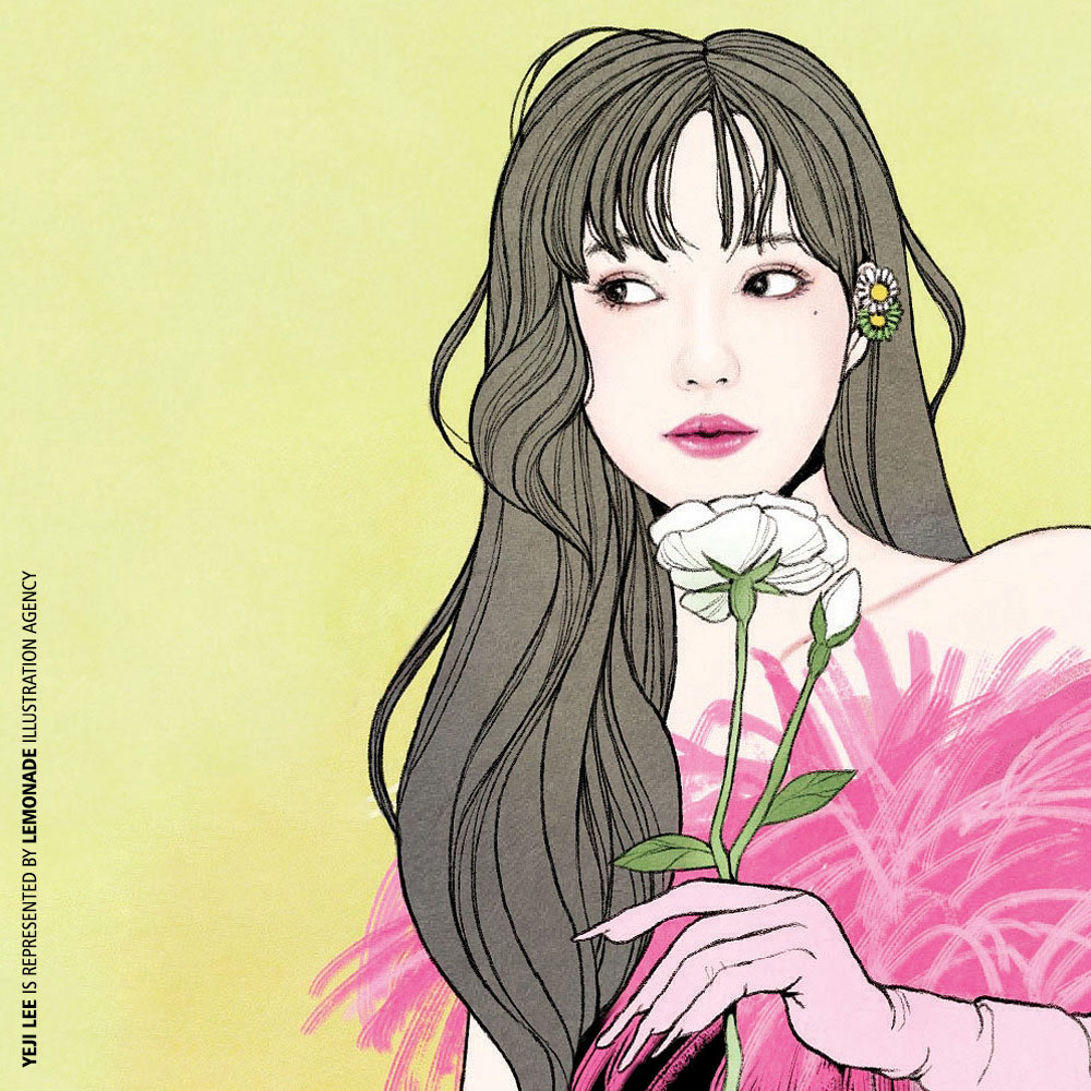 Illustration of a woman with long brown hair, holding a white flower, wearing a pink, feathered top against a yellow background.