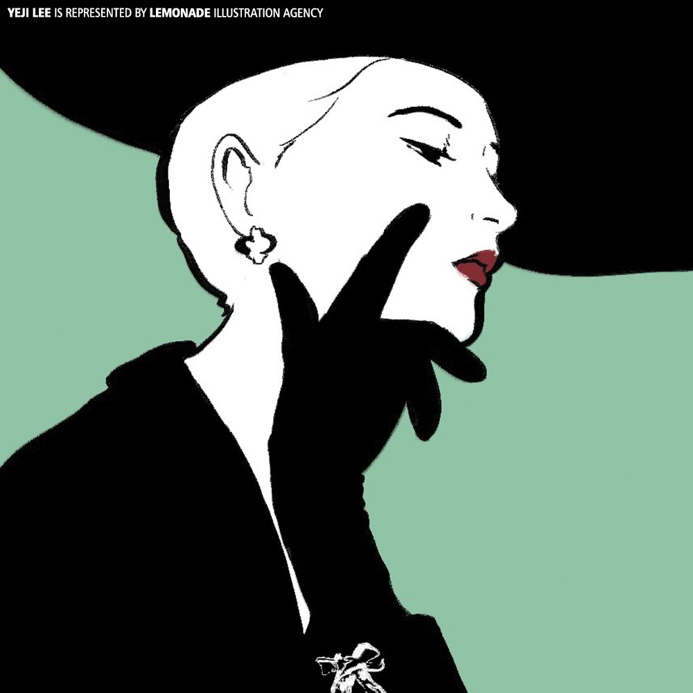 Illustration of a stylish woman wearing a hat and gloves with red lipstick, rendered in black, white, and mint green.