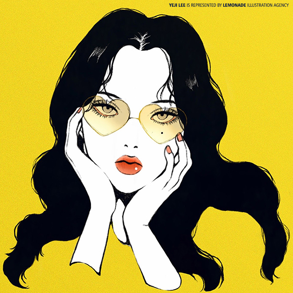 Illustration of a woman with black hair and heart-shaped sunglasses, her hands near her face, set against a yellow background.