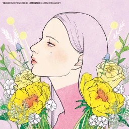 Profile illustration of a woman with pastel purple hair surrounded by yellow roses and green stems by illustrator Yeji Lee.
