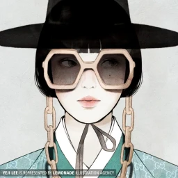 Digital illustration by Yeji Lee featuring a woman in oversized sunglasses, a black hat, and a teal patterned garment with chunky chains.