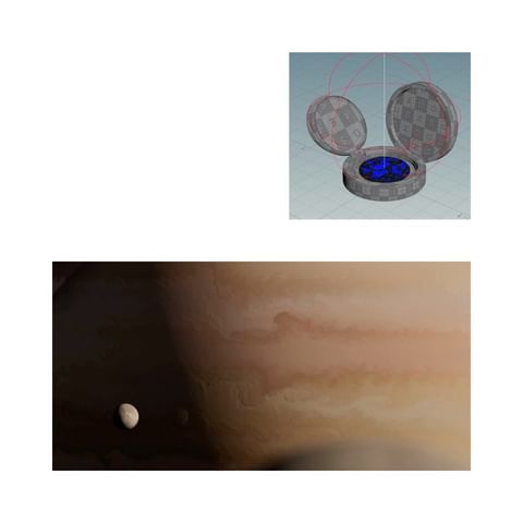3D rendering shows a circular, open container with blue liquid and two floating discs, set against an illustration of Jupiter.