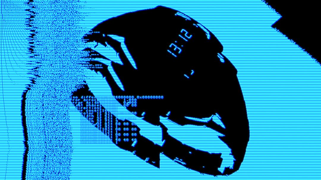 Abstract digital art of black wristwatch with a blue digital display on a pixelated cyan-blue background with digital code patterns.