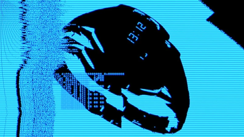 Abstract digital art of black wristwatch with a blue digital display on a pixelated cyan-blue background with digital code patterns.