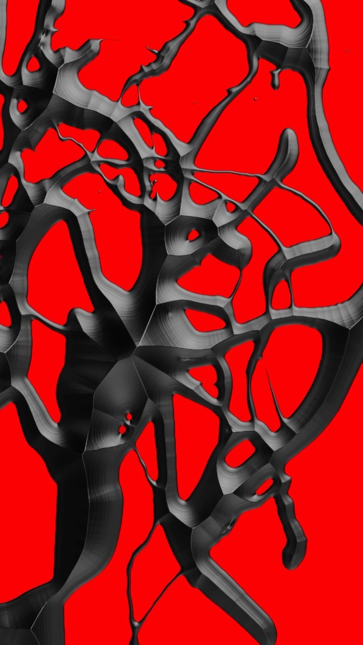 Abstract 3D render of a tangled black network set against a vibrant red background, creating a striking contrast in color and form.