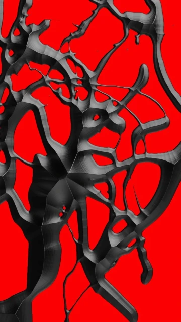Abstract 3D render of a tangled black network set against a vibrant red background, creating a striking contrast in color and form.