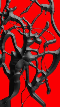 Abstract 3D render of a tangled black network set against a vibrant red background, creating a striking contrast in color and form.