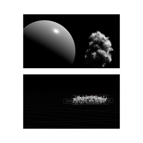 Monochromatic 3D rendering featuring a sphere with gradient shading and a cloud formation, complemented by a wireframe grid on a black backdrop.