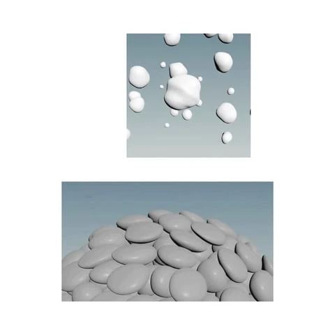 Abstract CGI of smooth, grey, pebble-like shapes in a heap at the bottom and other shapes floating on a grey, gradient background.