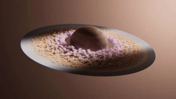 Abstract CGI rendering shows a sphere surrounded by a textured ring of pink and tan materials, all on a smooth brown background gradient.