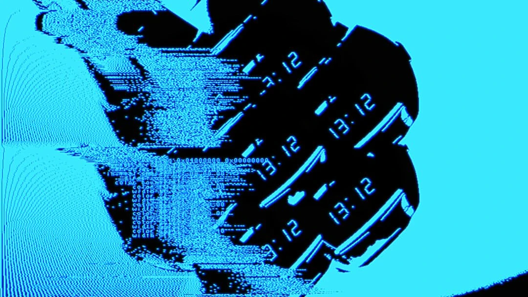 Glitching digital clock face displays the time 13:12 in a cyan and black color scheme, distorted by visual noise and scanning artifacts.