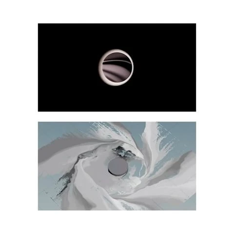 Abstract image featuring a cream-colored ring against a black backdrop and a swirling pattern in shades of gray and light blue.