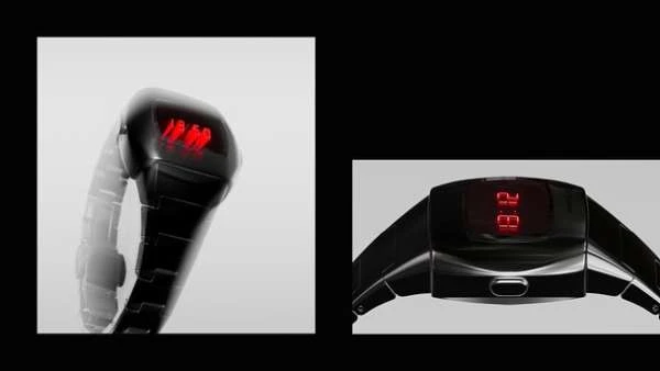 A digital wristwatch with a black band and a red digital display showing the time, presented against a split background. Two separate angles.