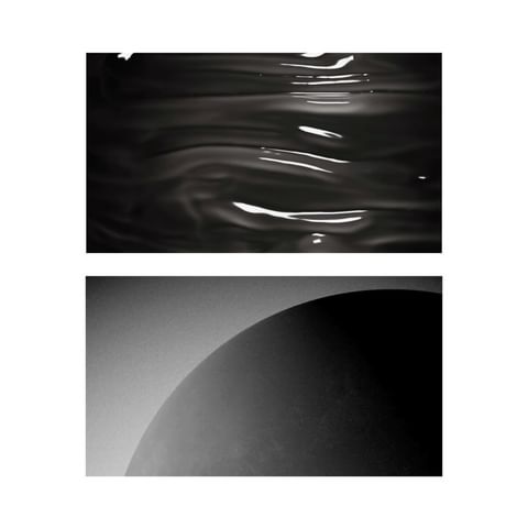 Abstract composition featuring dark, rippling liquid above a solid curve against a light background, presented in a diptych format.