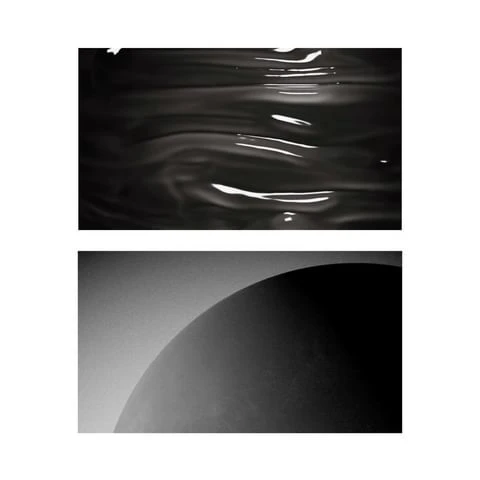Abstract composition featuring dark, rippling liquid above a solid curve against a light background, presented in a diptych format.