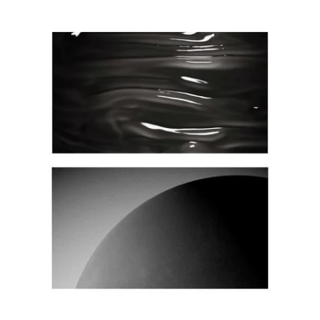 Abstract composition featuring dark, rippling liquid above a solid curve against a light background, presented in a diptych format.
