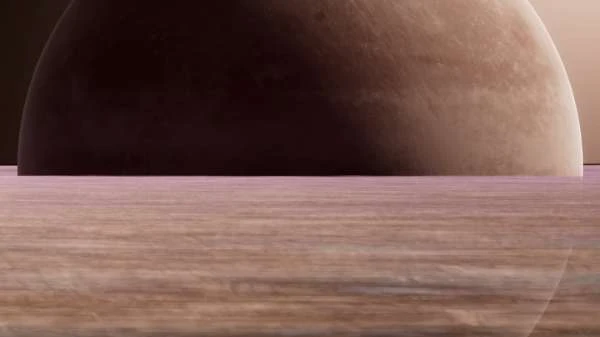 Abstract planetary landscape featuring a large, partially visible planet rising behind a horizontally banded foreground with hints of reflection.