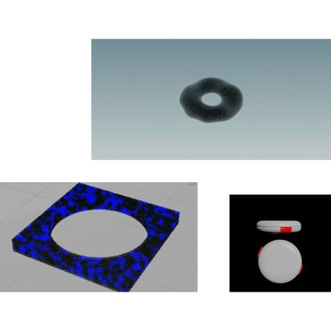 Three product shots showcase a donut-shaped object, a geometric cut-out revealing a circle, and a circular product side view.