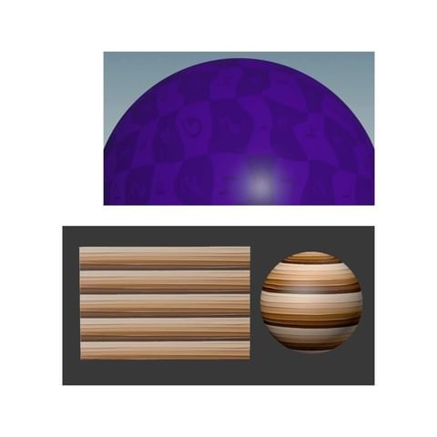 Abstract 3D rendering featuring two spherical objects with patterned surfaces and a rectangular geometric shape on a gray background.