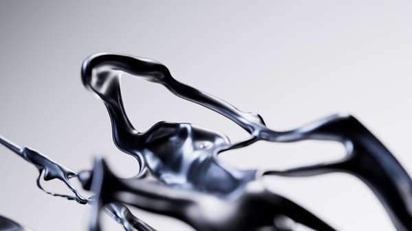 Abstract close-up of a reflective, glossy liquid sculpture on a light gray background, highlighting its smooth texture and fluid shapes.