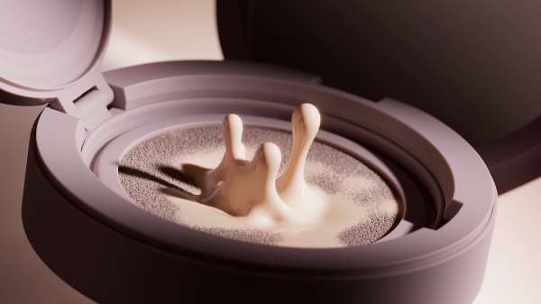 Cosmetic cushion foundation with beige liquid splash on sponge, inside a lilac compact container, angled close-up shot, beauty product.