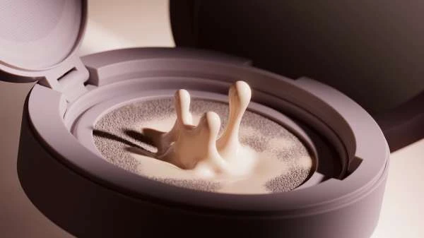 Cosmetic cushion foundation with beige liquid splash on sponge, inside a lilac compact container, angled close-up shot, beauty product.
