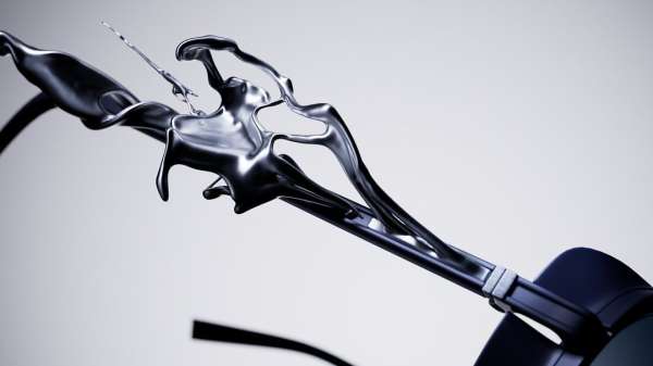 Studio shot of sleek black sunglasses with liquid splash effect, isolated against a gradient white background showcasing modern eyewear design.