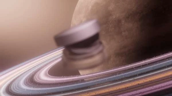 Pharmaceutical vial levitates amidst Saturn-like rings against backdrop of a distant planet, blending medicine with space exploration.