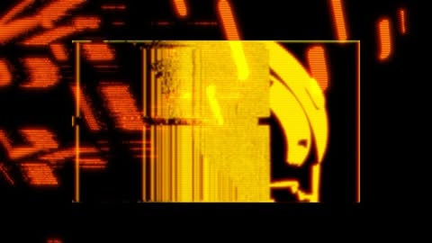 Abstract digital glitch art with yellow and orange geometric shapes on a black background creating a futuristic, distorted visual.