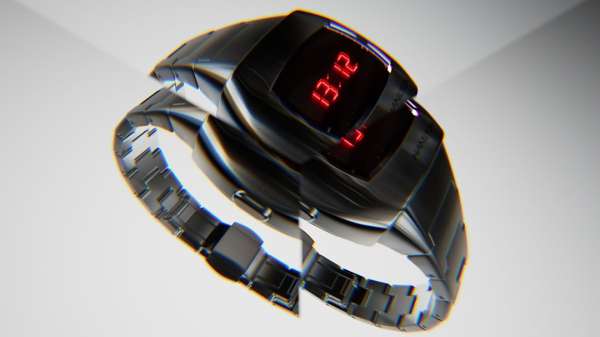 Digital wrist watch with red LED time display. Silver metal linked band and case. Studio product shot on a white background.