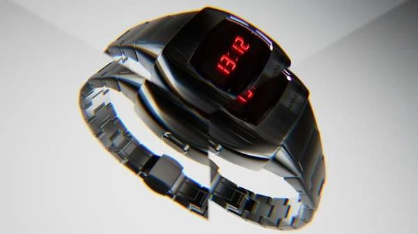 Digital wrist watch with red LED time display. Silver metal linked band and case. Studio product shot on a white background.