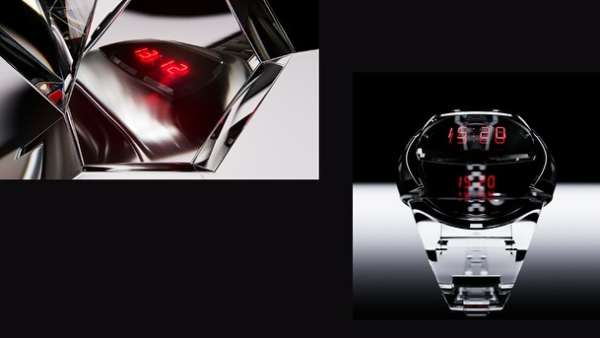 Close-up of two futuristic watches. The left one is angular and silver while the right one is bulbous and translucent.