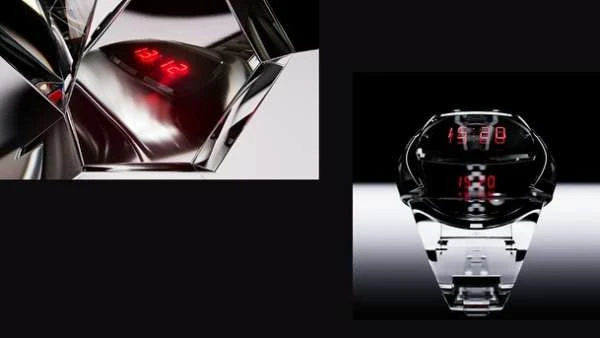 Close-up of two futuristic watches. The left one is angular and silver while the right one is bulbous and translucent.