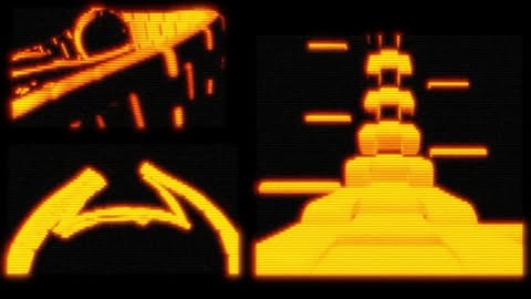 Retro-style graphic art featuring abstract shapes and architectural forms in glowing yellow against a dark background, reminiscent of vintage computer graphics.