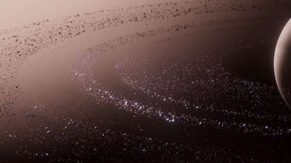 Rendered image of a planet with rings made of ice and rock particles, set against a dark, atmospheric space background with subtle lighting.