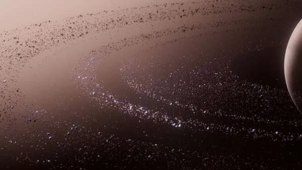 Rendered image of a planet with rings made of ice and rock particles, set against a dark, atmospheric space background with subtle lighting.
