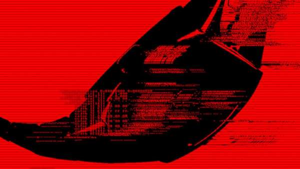 Abstract dark technology object on a red background with graphic elements suggesting binary data, code, or a futuristic interface.