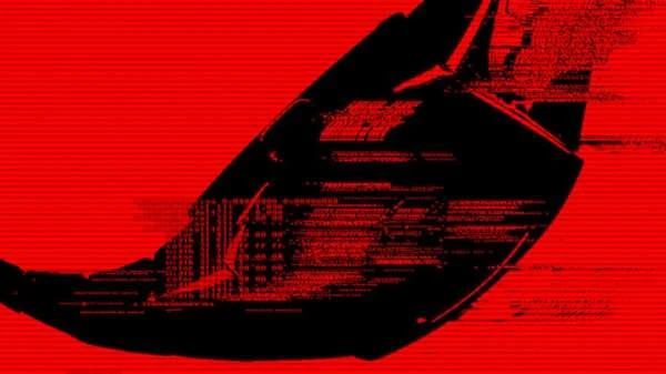 Abstract dark technology object on a red background with graphic elements suggesting binary data, code, or a futuristic interface.