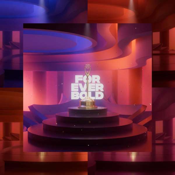 CGI rendering of a gold trophy on a black tiered pedestal against a background with violet and orange curved architectural features.