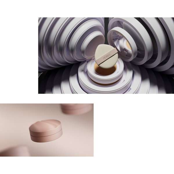 Cosmetic foundation and applicator presented with abstract white circular architecture for a modern beauty product advertisement.