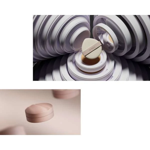 Cosmetic foundation and applicator presented with abstract white circular architecture for a modern beauty product advertisement.