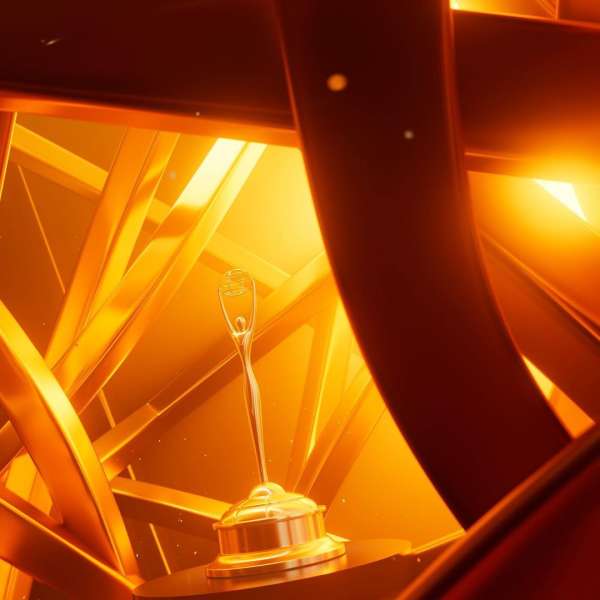 Golden award on stand surrounded by abstract golden rods and dark pipes against orange background creates a sense of achievement.