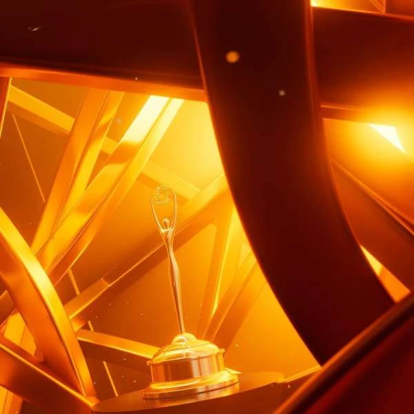 Golden award on stand surrounded by abstract golden rods and dark pipes against orange background creates a sense of achievement.