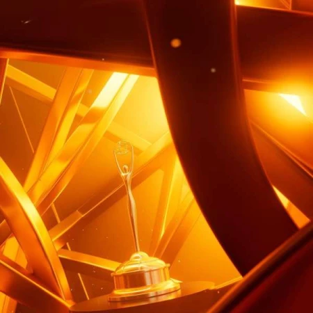 Golden award on stand surrounded by abstract golden rods and dark pipes against orange background creates a sense of achievement.