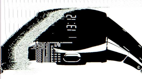 Digital wristwatch displaying a digital time, surrounded by blurred digital data-like elements in a studio environment.